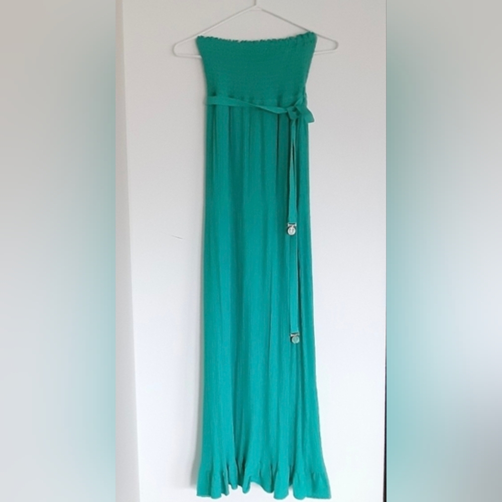Juicy Couture Green Summer Strapless Pleated Maxi Dress With Belt